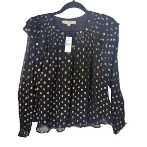 LOFT Glitter Polka Dot Long Sleeve Ruffle Sheer Blouse Lg Petite